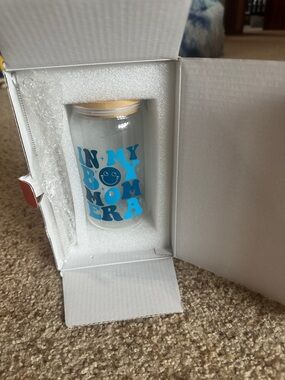 Glass Drink Jar with Blue 'In My Boy Mom Era' Graphic and Glass Straws